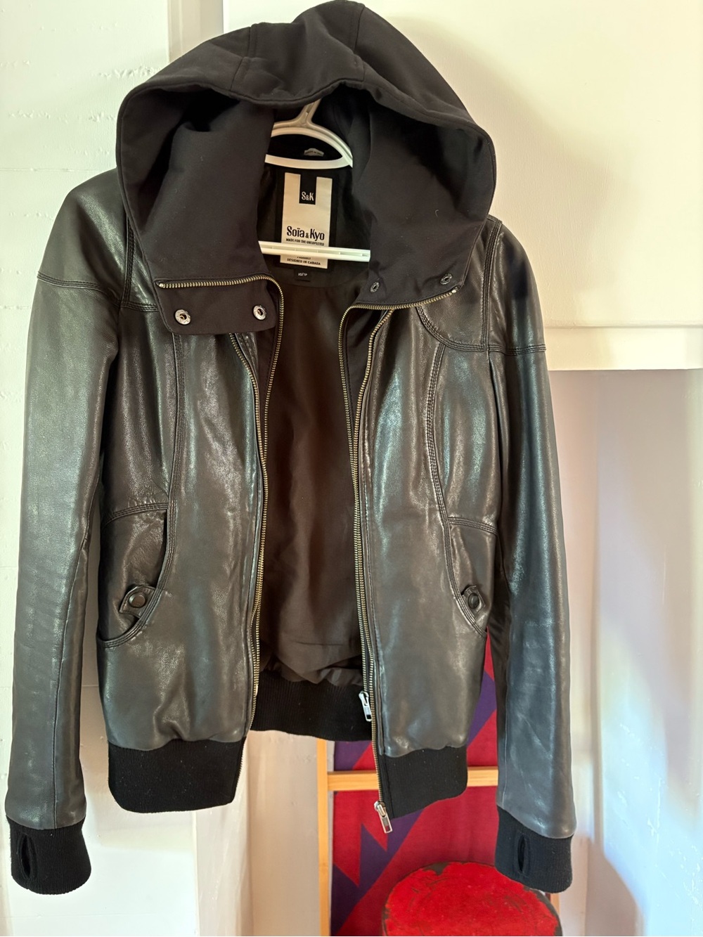 Soia & Kyo Black Leather Hooded Bomber Jacket